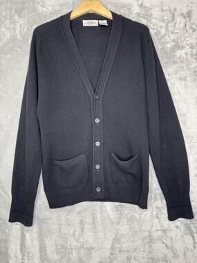 Vintage Piccadilly Cardigan Sweater Mens MT Tall Black Lambswool V Neck Pockets